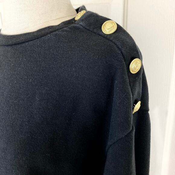 H&M gold button black sweatshirt, women's small cotton crew neck long sleeve top - Picture 2 of 7